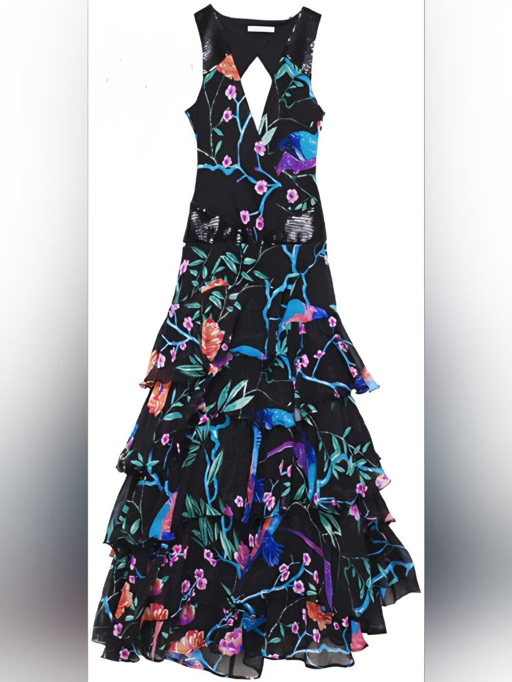 Matthew Williamson Black Maxi Dress with Floral Print Sequins Gown